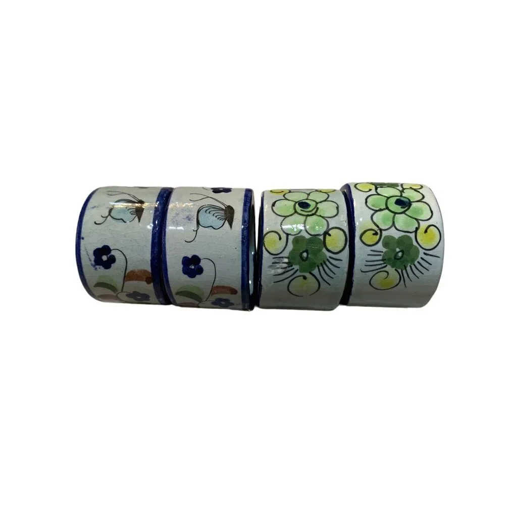 Set of 4 Made in Mexico Tonala Green Floral Hand Painted Napkin Rings